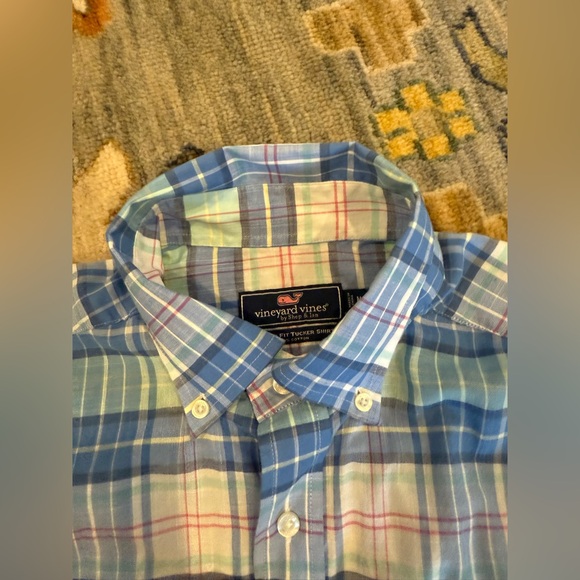 Vineyard Vines Men’s Blue Green Plaid Button-Down Shirt - Picture 3 of 5